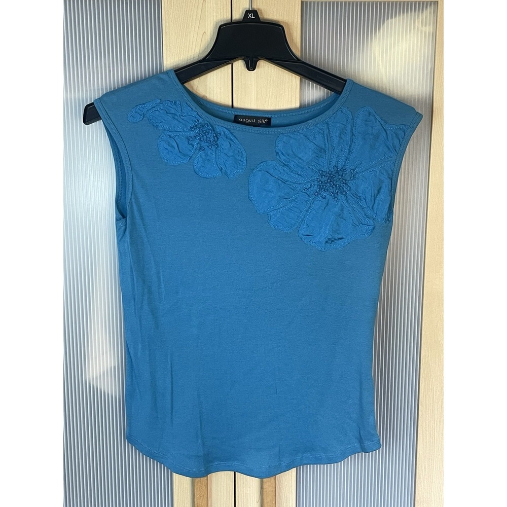 August Silk Blue Rayon Womens T-shirt Top Sz M Embroidered Boho Y2K Casual Vacay